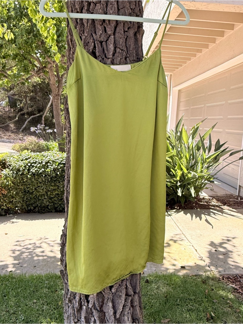 Anthropologie Chartreuse Satin V-Neck Mini Slip Dress